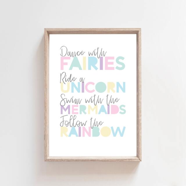Girls Nursery Print, Bedroom Prints, Fairies Mermaid Rainbow Wall Art, Unicorn Playroom Prints - image 1