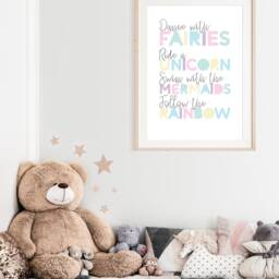 Girls Nursery Print, Bedroom Prints, Fairies Mermaid Rainbow Wall Art, Unicorn Playroom Prints - thumbnail 3