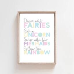 Girls Nursery Print, Bedroom Prints, Fairies Mermaid Rainbow Wall Art, Unicorn Playroom Prints - thumbnail 1