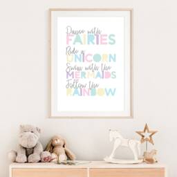 Girls Nursery Print, Bedroom Prints, Fairies Mermaid Rainbow Wall Art, Unicorn Playroom Prints - thumbnail 2