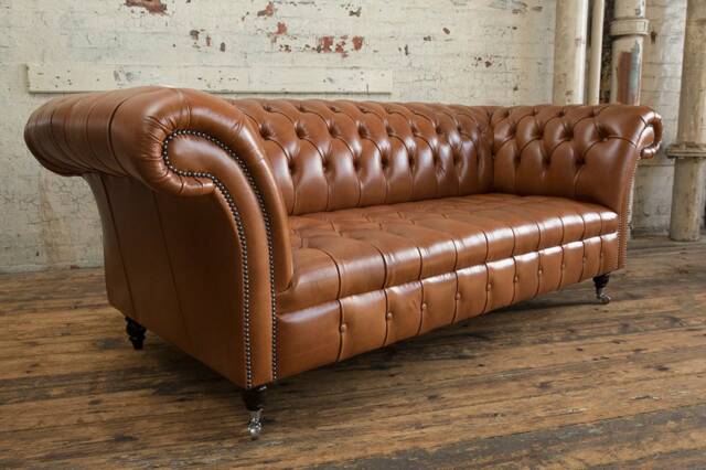 3 Seater Tan Brown Leather Chesterfield Sofa, British Handmade - image 1