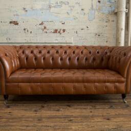 3 Seater Tan Brown Leather Chesterfield Sofa, British Handmade - thumbnail 3