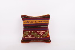 Vintage Turkish Kilim Pillow Cover Handwoven Wool Cushion - 16x16 - thumbnail 1