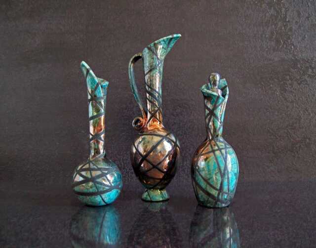 Trio Of Decorative Raku Vases - Handcrafted Ceramic With Antique Design, Elegant Shapes, Geometric Decorations, Customizable Colors - image 1
