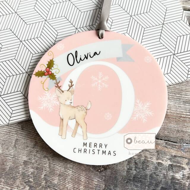 Personalised Name Merry Christmas Gift Boy Girl Newborn Deer Snowflake Design Ceramic Or Acrylic Round Ornament Tree Keepsake - image 1