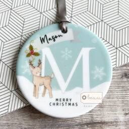 Personalised Name Merry Christmas Gift Boy Girl Newborn Deer Snowflake Design Ceramic Or Acrylic Round Ornament Tree Keepsake - thumbnail 3