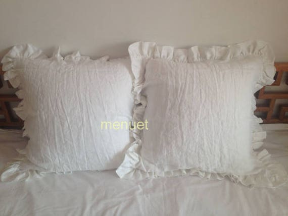 Pair Pre Washed 100% Hemp Linen Ruffled European Shams, Pillow Cases - image 1
