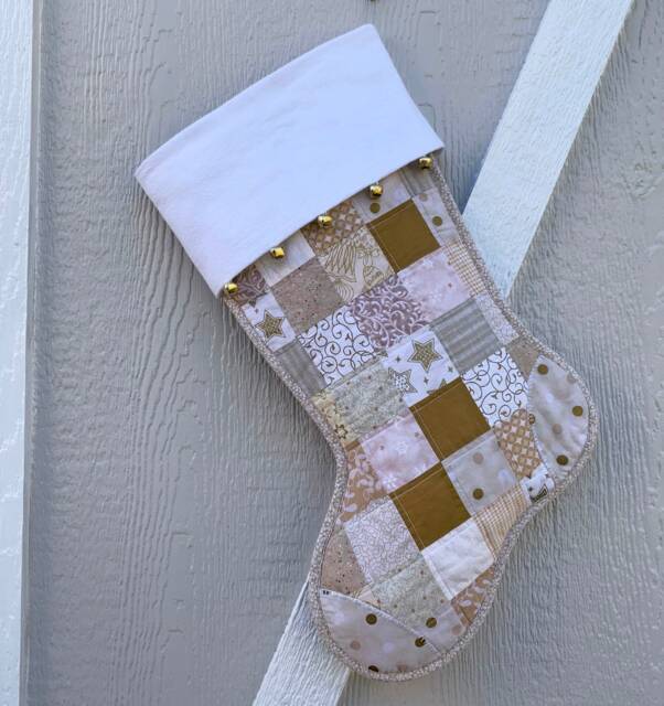 Gold & Beige Quilted Christmas Stocking, Cottton Patchwork, Free Personalization, Large Size, Fully Lined, Flannel Cuff With Jingle Bells - image 1