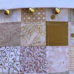 Gold & Beige Quilted Christmas Stocking, Cottton Patchwork, Free Personalization, Large Size, Fully Lined, Flannel Cuff With Jingle Bells - thumbnail 3