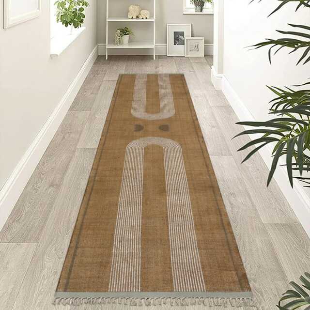 Handmade Cotton Dhurrie Rug 2x9, Brown Beige Boho Hallway Runner - image 1