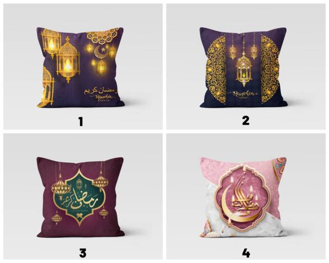 Eid Mubarak Cushion Cover, Religious Islamic Al Fitr Home Decor, Blue & Pink Muslim Pillow Case, Ramadan Kareem Gift - image 1
