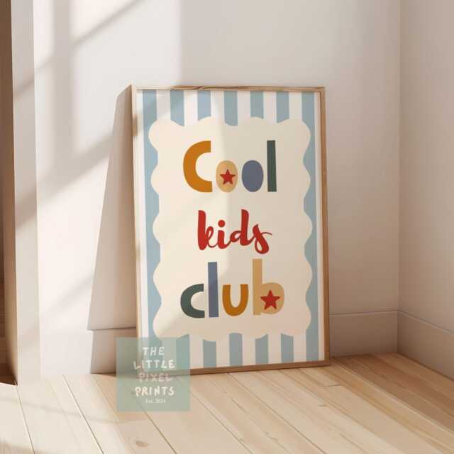 Cool Kids Club Print With Stripey Background, Scalloped Retro Bedroom Playroom - image 1