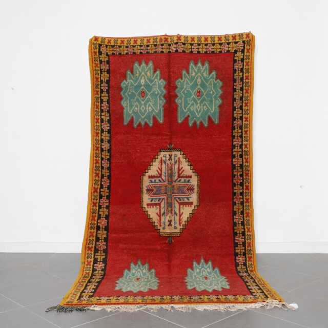 Vintage Moroccan Wool Rug 9x5 Ft Handwoven Red Berber Tribal Carpet - image 1