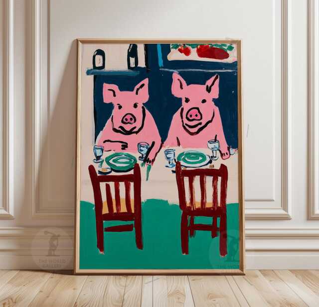 Pink Pig Dinner Scene Poster - Green & Red Folk Style Animal Wall Art Modern Kitchen Print - image 1