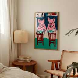 Pink Pig Dinner Scene Poster - Green & Red Folk Style Animal Wall Art Modern Kitchen Print - thumbnail 3