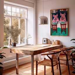 Pink Pig Dinner Scene Poster - Green & Red Folk Style Animal Wall Art Modern Kitchen Print - thumbnail 2
