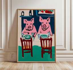 Pink Pig Dinner Scene Poster - Green & Red Folk Style Animal Wall Art Modern Kitchen Print - thumbnail 1