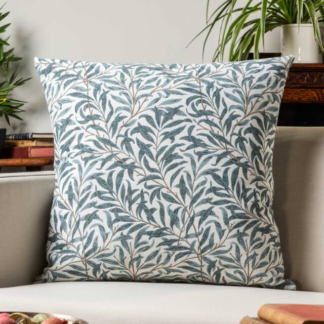 Willow Branch Tapestry Extra-Large Cushion in Duck Egg Blue. William Morris Style Botanical Leaf Print Soft 23X23 - image 1