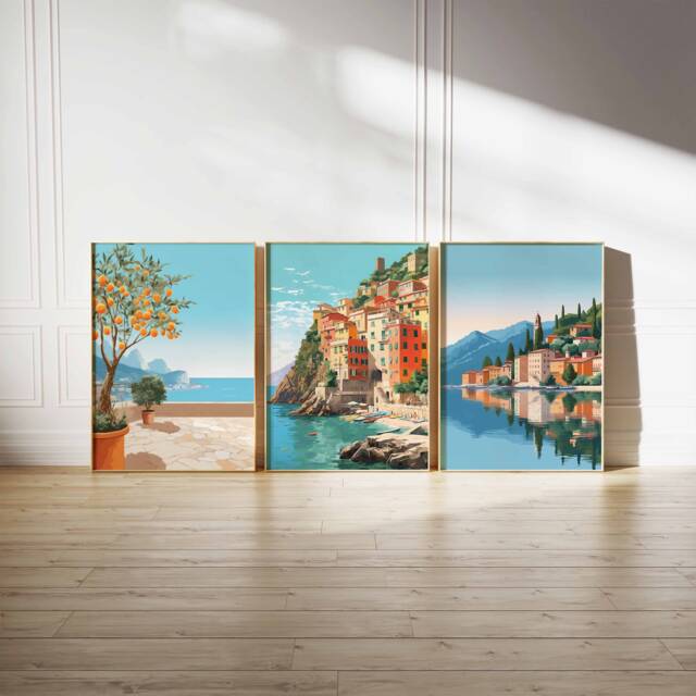 Amalfi Coast, Cinque Terre, Lake Como Travel Print Set, Set Of 3 Italy Posters, Colour Wall Art, Italian Gift - image 1