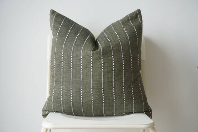 Olive Green Striped Pillow Cover Hmong Batik, Natural Dyed - image 1