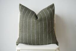 Olive Green Striped Pillow Cover Hmong Batik, Natural Dyed - thumbnail 1