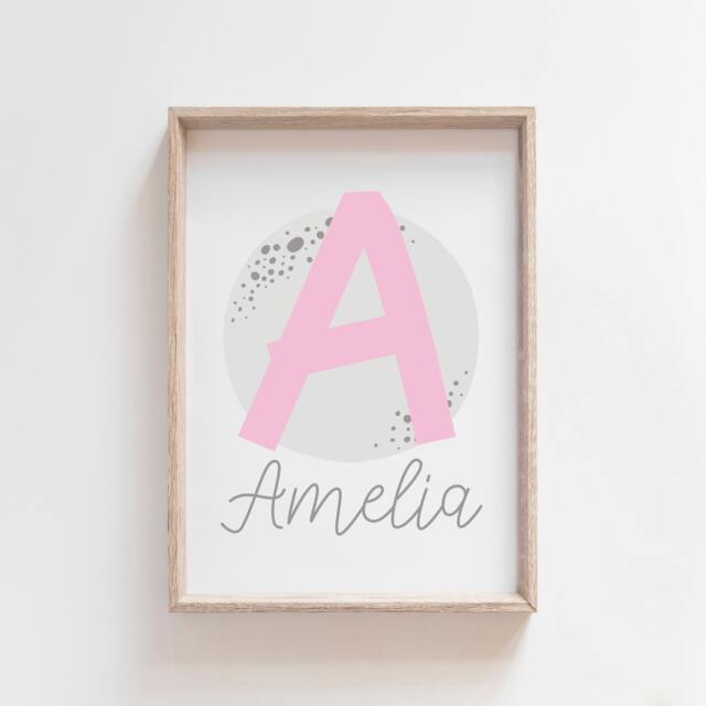 Personalised Initial Print, Girls Nursery Bedroom Wall Art, Moon, Name Print Art - image 1