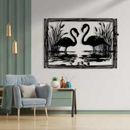 Flamingo Metal Wall Art, Romantic Black Steel Bird Silhouette - thumbnail 2