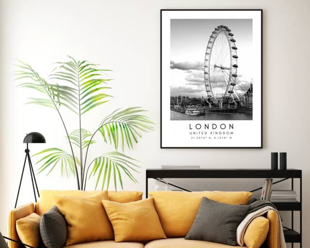 London Eye Print Black & White Cityscape, United Kingdom Travel Art - image 1