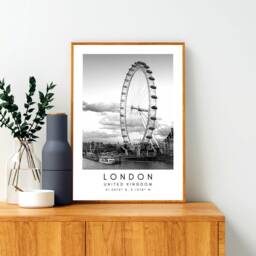London Eye Print Black & White Cityscape, United Kingdom Travel Art - thumbnail 2