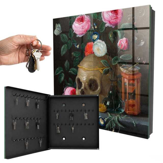 Skull & Flowers Key Cabinet For Home, Green Box Painterly Art, Lovers Of Reflective Art - image 1