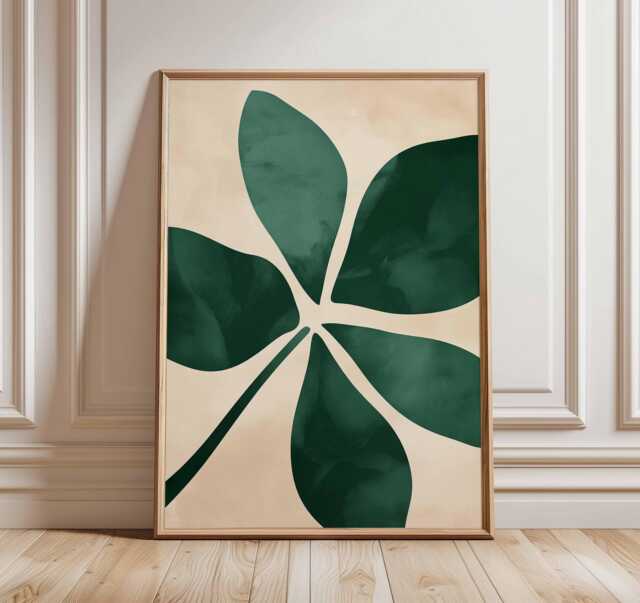 Minimalist Green Leaf Wall Art Print, Modern Botanical Poster, Large Abstract Plant Artwork, Scandinavian Nature Home Decor