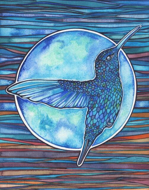Blue Hummingbird - Print Of Watercolour Artwork Beautiful Turquoise Inca Sunset Stained Glass Full Moon Andean Andes Sun Bird Wall Art Avian - image 1