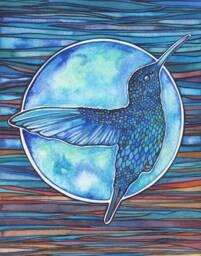 Blue Hummingbird - Print Of Watercolour Artwork Beautiful Turquoise Inca Sunset Stained Glass Full Moon Andean Andes Sun Bird Wall Art Avian - thumbnail 1