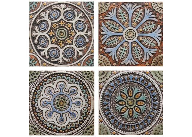 4 Handmade Ceramic Tile , Ethnic Mosaic Wall Art, Matt Blue - 30cm/11.8 - image 1
