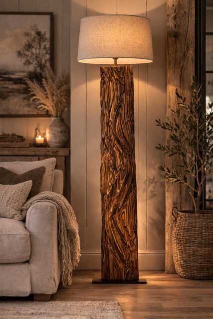 Hand Carved Reclaimed Wood Floor Lamp - Sculptural Rustic Statement Lighting - image 1