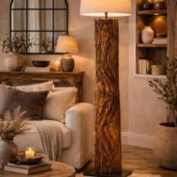 Hand Carved Reclaimed Wood Floor Lamp - Sculptural Rustic Statement Lighting - thumbnail 4