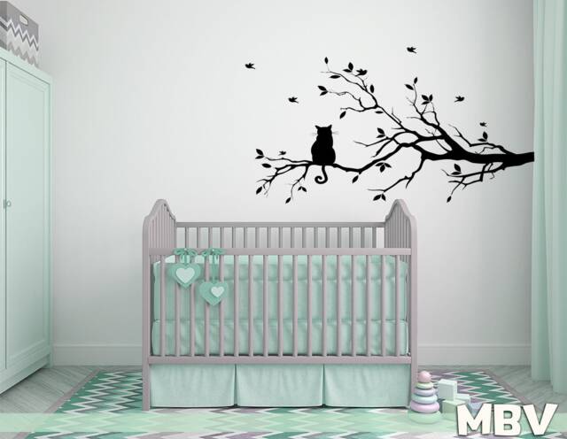 Cat On Tree Branch Wall Decal - Vinyl Silhouette With Birds Sticker For Nursery, Bedroom, Or Living Room Decor - image 1