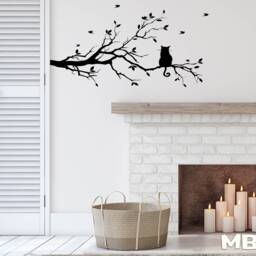Cat On Tree Branch Wall Decal - Vinyl Silhouette With Birds Sticker For Nursery, Bedroom, Or Living Room Decor - thumbnail 2