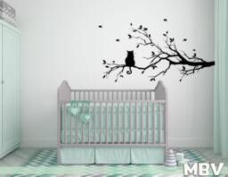 Cat On Tree Branch Wall Decal - Vinyl Silhouette With Birds Sticker For Nursery, Bedroom, Or Living Room Decor - thumbnail 1