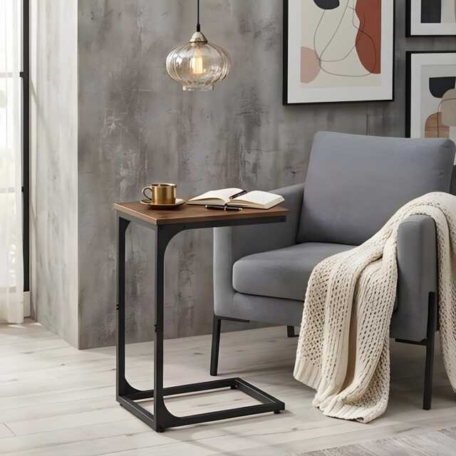C-Shaped Side Table Industrial Rustic Brown Metal Frame Sofa Bedside - image 1
