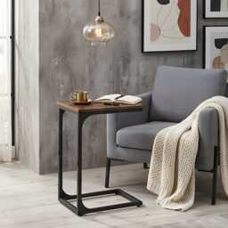 C-Shaped Side Table Industrial Rustic Brown Metal Frame Sofa Bedside - thumbnail 1