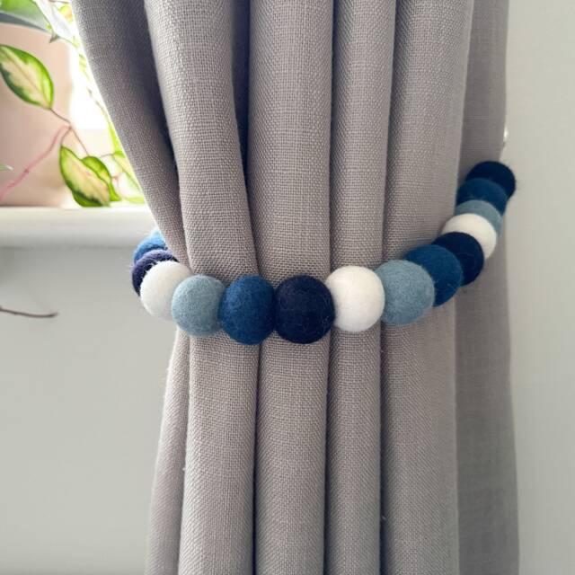 Navy & Baby Blue Felt Ball Curtain Tie Backs - Pom Hold Custom Ties Nursery Decor Gift Colourful Pull - image 1