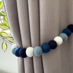 Navy & Baby Blue Felt Ball Curtain Tie Backs - Pom Hold Custom Ties Nursery Decor Gift Colourful Pull - thumbnail 2
