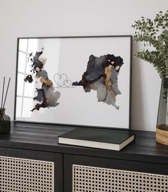 Britain & Democratic Republic Of The Congo Map Black & Gold Travel Wall Art Print - United Kingdom UK - image 1