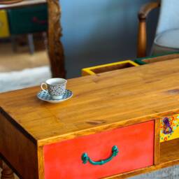 Multi-Colored Center Table With 3 Drawers Opening To Both Sides, Rustic Boho Style Coffee Table, Housewarming Gift, End Model - thumbnail 4