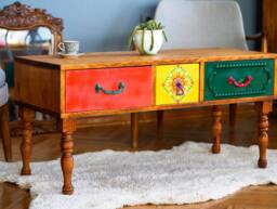 Multi-Colored Center Table With 3 Drawers Opening To Both Sides, Rustic Boho Style Coffee Table, Housewarming Gift, End Model - thumbnail 1