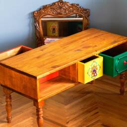 Multi-Colored Center Table With 3 Drawers Opening To Both Sides, Rustic Boho Style Coffee Table, Housewarming Gift, End Model - thumbnail 3