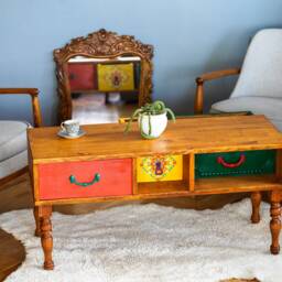 Multi-Colored Center Table With 3 Drawers Opening To Both Sides, Rustic Boho Style Coffee Table, Housewarming Gift, End Model - thumbnail 2
