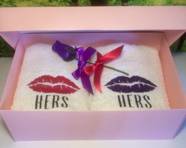 Embroidered Towels, Hers & Hers, Anniversary/Wedding Hand Towel Set - image 1