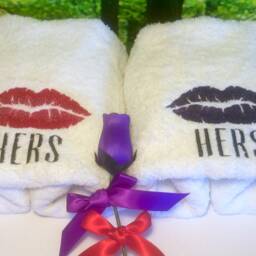 Embroidered Towels, Hers & Hers, Anniversary/Wedding Hand Towel Set - thumbnail 2